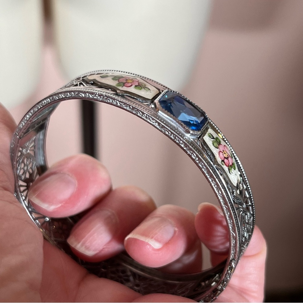Vintage antique Victorian Art deco Silver Filagree Rose Enamel Blue Bracelet - Picture 3 of 17